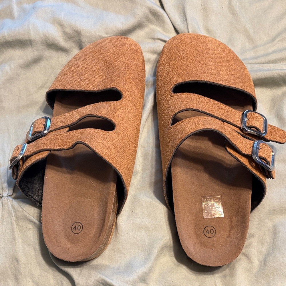 Brown Suede Clogs with Buckle Detail